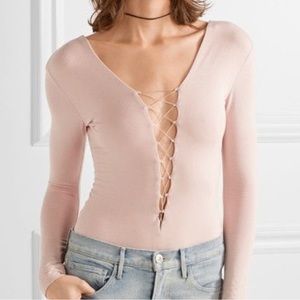 T by Alexander Wang Light Pink Lace Up Long Sleeve Bodysuit | Size L